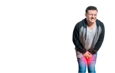 Man experiencing severe urinary pain due to a urinary tract infection (UTI) or urinary problem, receiving treatment from Dr. Kalpesh Saswade at Vandana Uro Care in Pune.